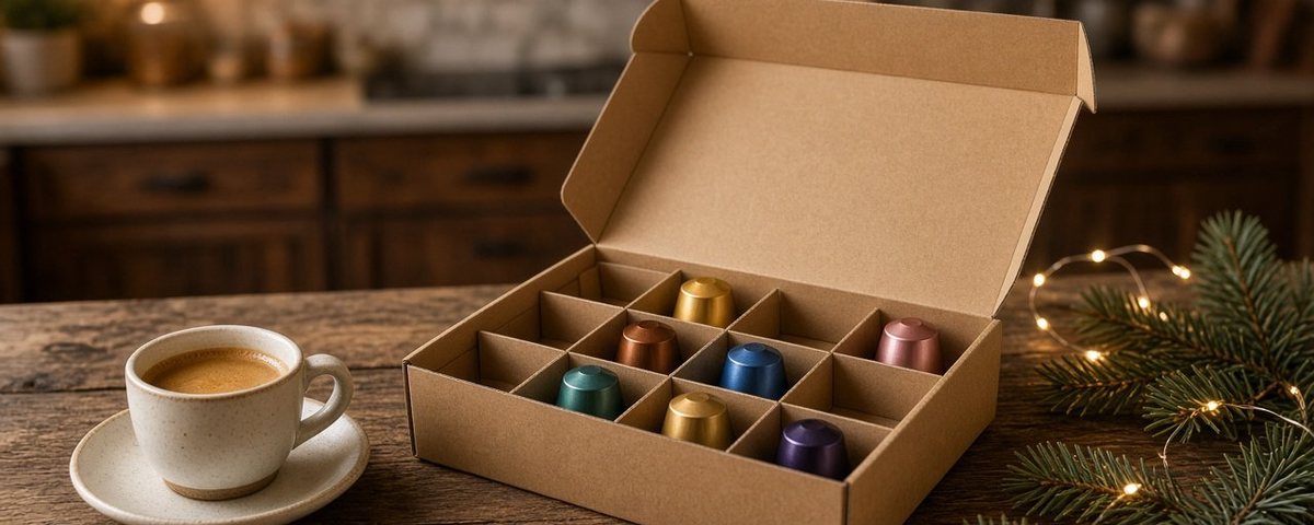Boîte de calendrier de l’Avent en carton kraft ouverte avec des capsules de café colorées, une tasse d’expresso et une branche de sapin sur une table en bois