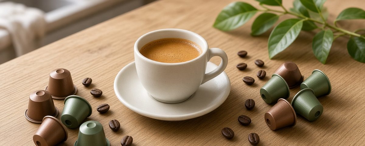 Tasse d’expresso avec crème sur un plan de travail en bois clair, entourée de capsules de café marron et vertes, de grains de café et d’une branche de feuilles