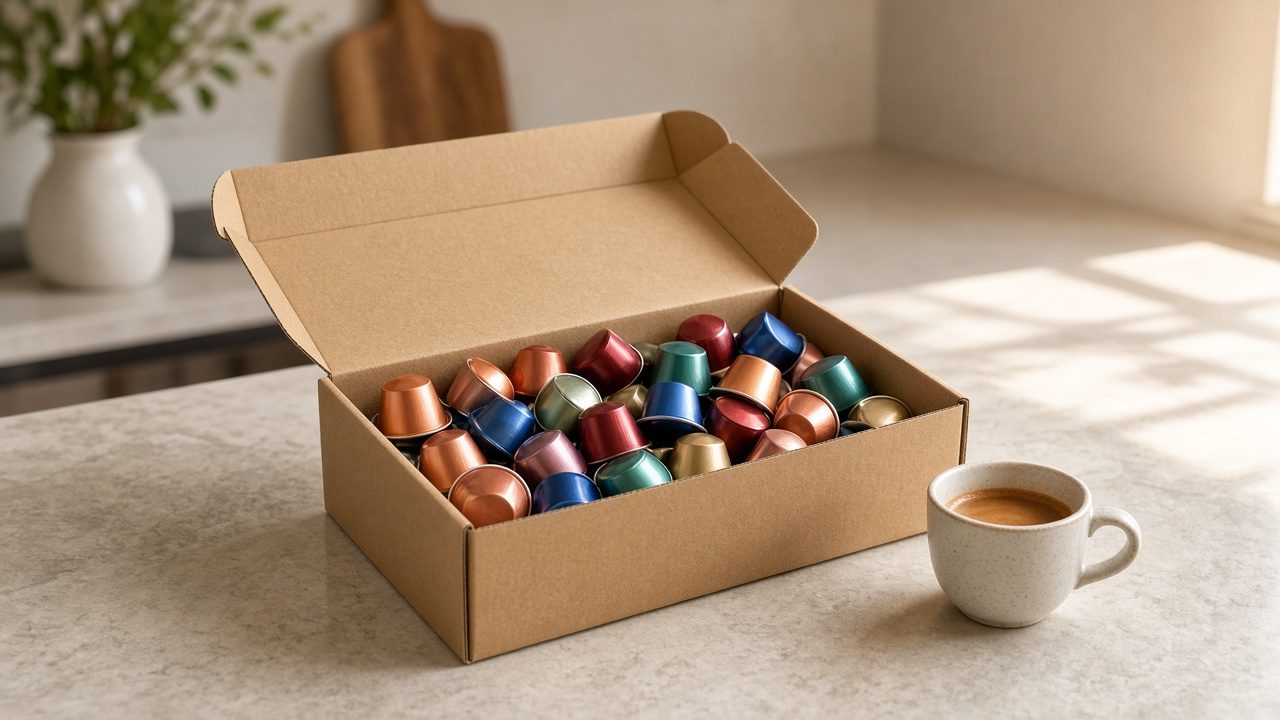 Grand carton de capsules compatibles ouvert sur un plan de travail