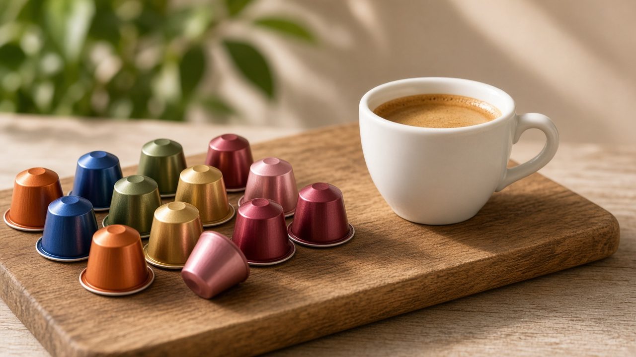 Capsules colorées alignées près d’une tasse d’expresso