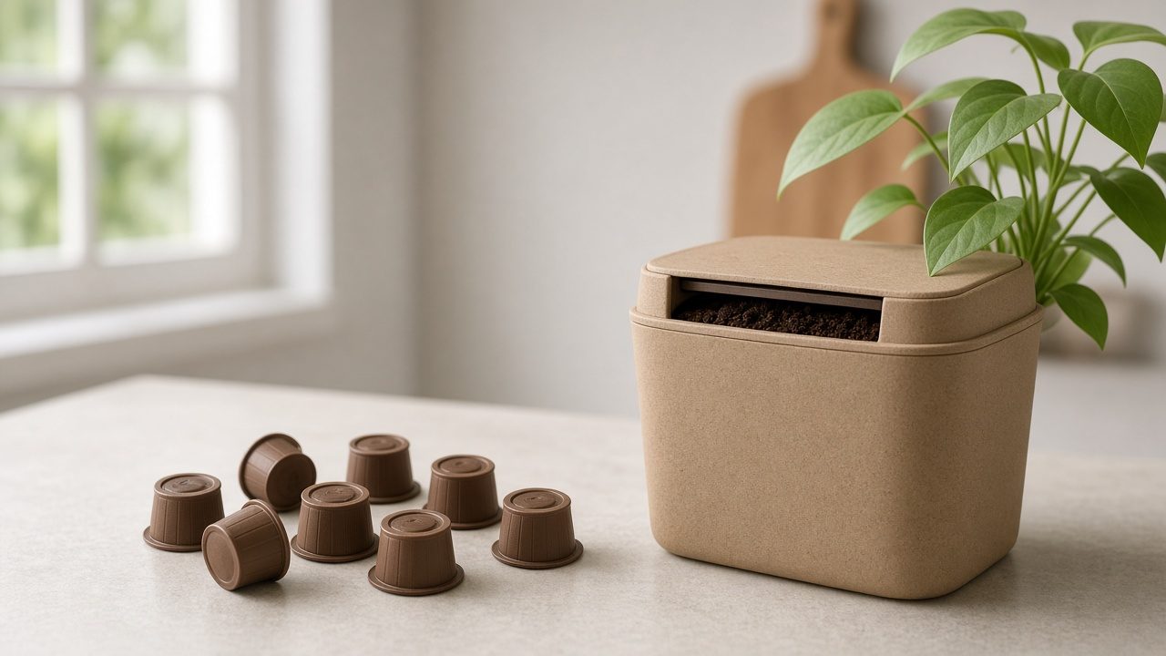 Capsules brunes posées près d’un petit bac à compost