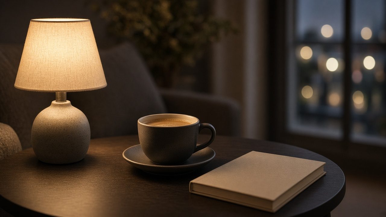 Tasse de café le soir avec une lampe douce