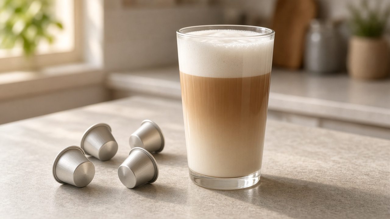 Grande tasse de café au lait et capsules plates