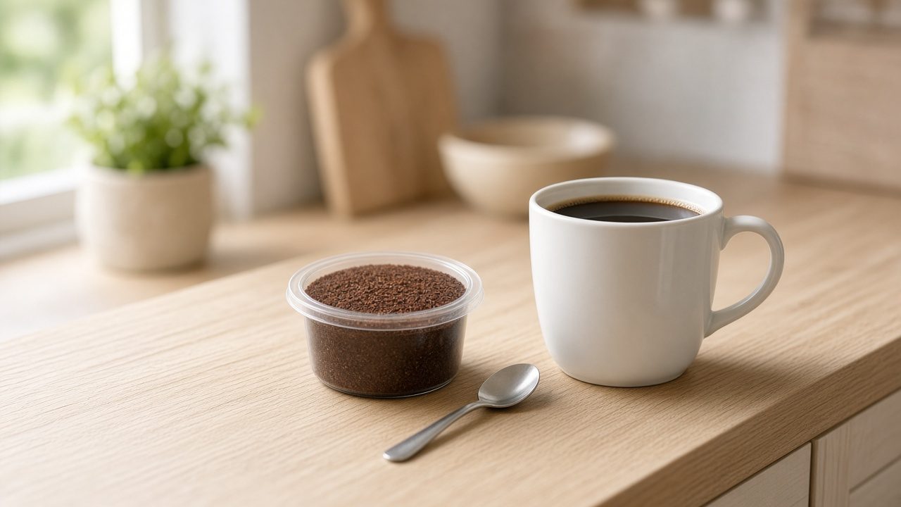 Capsule réutilisable ronde remplie de café moulu à côté d’une tasse de café