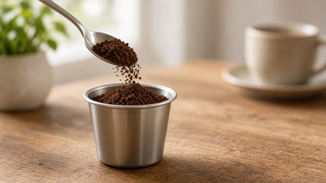Capsule inox remplie de café moulu sur un comptoir