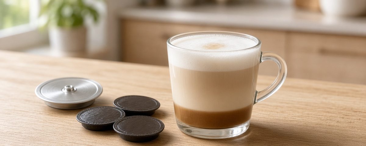 Latte macchiato en verre à côté de disques de café plats et d’un disque réutilisable en inox sur un plan de travail en bois
