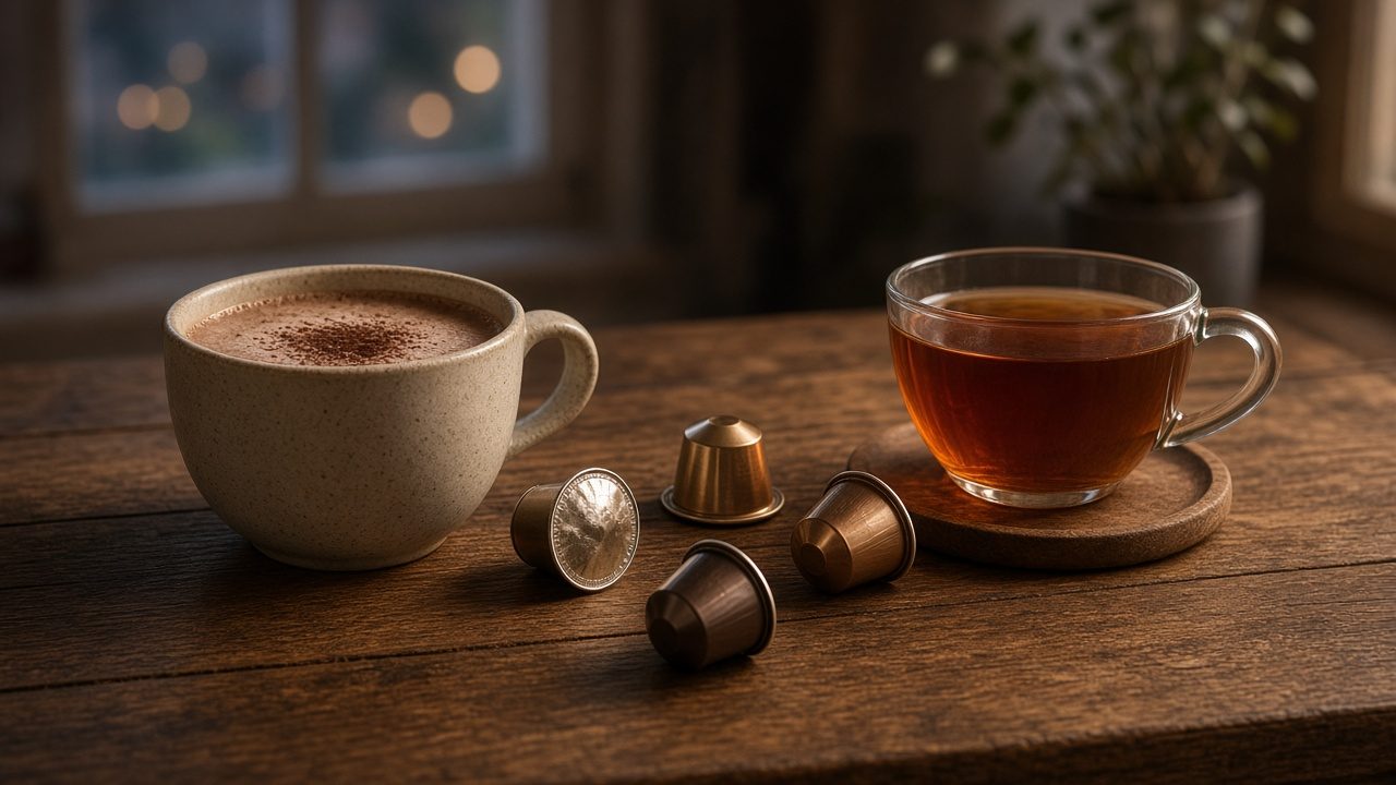 Tasse de chocolat chaud et tasse de thé sur une table en bois