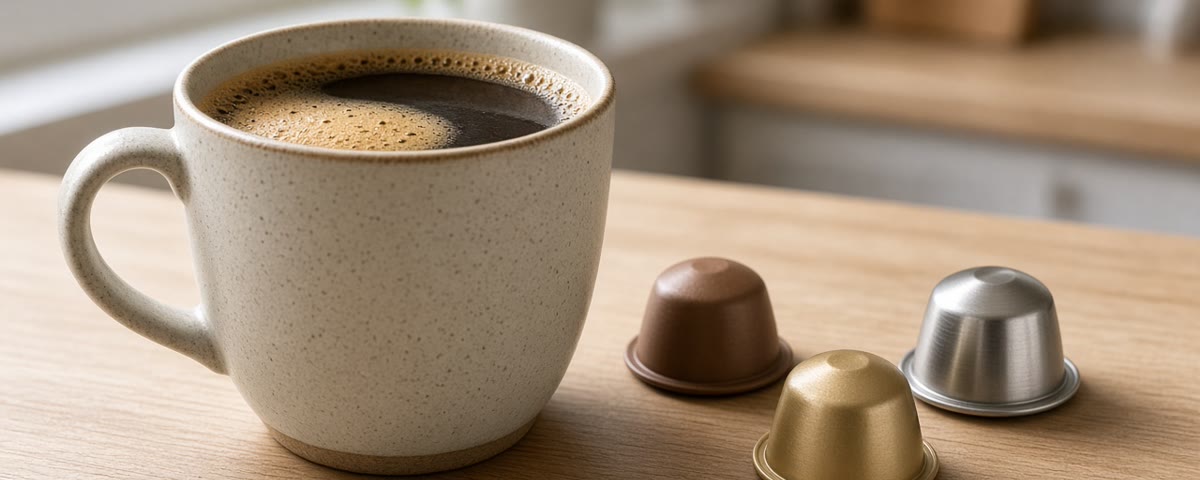 Grande tasse de café allongé avec crème à côté de capsules bombées marron, dorée et en inox sur un plan de travail en bois