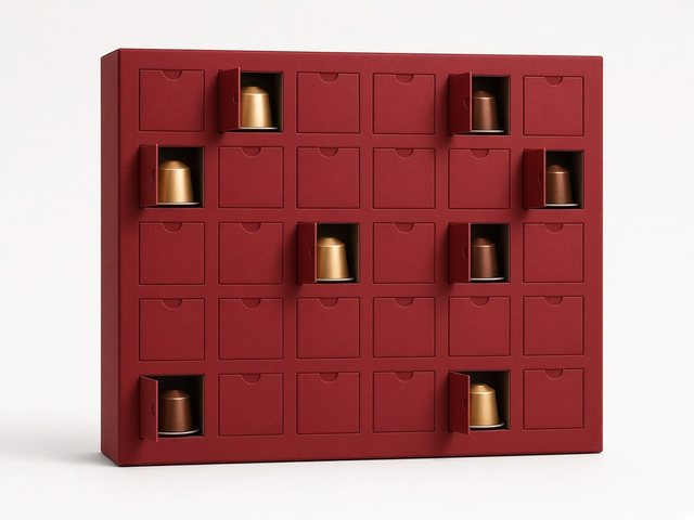 Calendrier de l’Avent rouge foncé à petites portes, certaines ouvertes sur des capsules de café dorées et marron