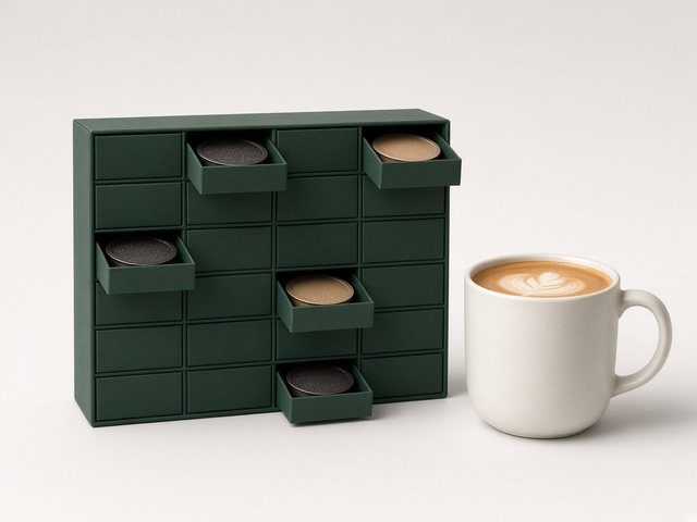Calendrier de l’Avent vert sapin avec tiroirs ouverts sur des capsules rondes, à côté d’un mug de latte