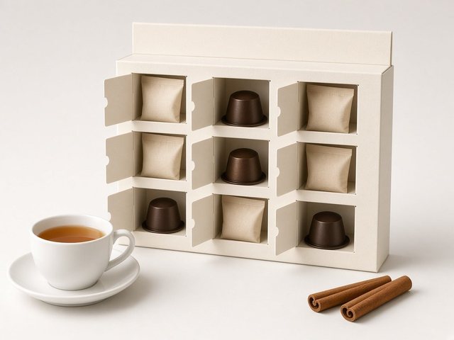 Calendrier de l’Avent crème ouvert sur des capsules de café et des sachets de thé, avec une tasse de thé et des bâtons de cannelle
