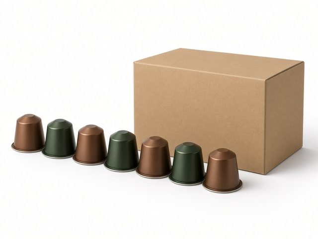 Rangée de capsules de café en aluminium marron et vert foncé, format Nespresso, posées à côté d’une boîte en carton kraft sur fond blanc