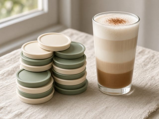 Piles de capsules rondes et plates couleur crème et vert sauge à côté d’un grand verre de latte sur une serviette en lin