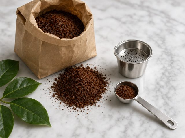 Sachet kraft ouvert de café moulu sur du marbre, petit tas de mouture, capsule réutilisable en inox et cuillère doseuse
