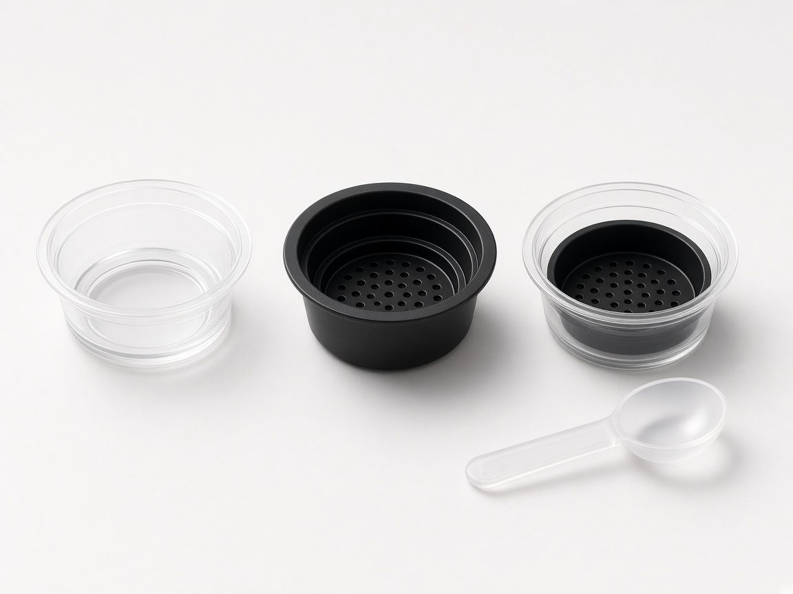 Trois capsules réutilisables rondes en plastique transparent avec une cuillère doseuse