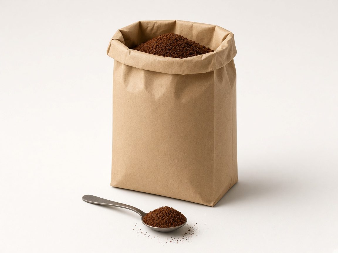 Paquet de café moulu sans marque et petite cuillère de café fin