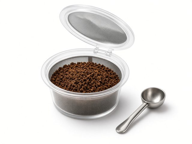 Disque réutilisable transparent avec filtre en inox, couvercle ouvert, rempli de café moulu, à côté d’une cuillère doseuse