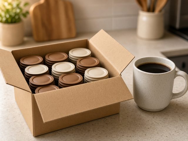 Carton ouvert rempli de piles de disques de café plats marron et crème, à côté d’un mug de café noir