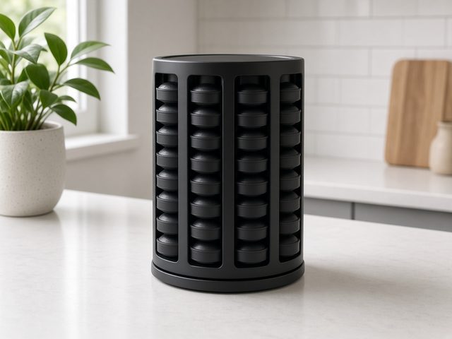 Distributeur rotatif noir rempli de disques de café plats sur un plan de travail blanc à côté d’une plante