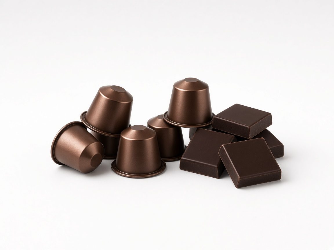 Capsules marron et carrés de chocolat