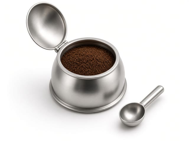 Capsule réutilisable bombée en acier inoxydable, couvercle ouvert, remplie de café moulu, avec une cuillère doseuse