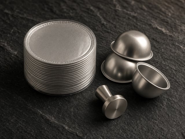 Pile d’opercules ronds en aluminium autocollants, capsules bombées vides et petit tasseur en métal sur une ardoise