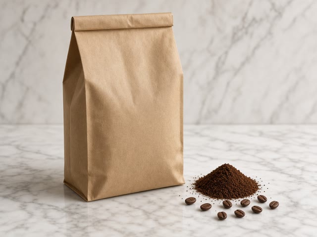 Sachet kraft de café moulu sans marque avec un petit tas de mouture fine et quelques grains sur du marbre