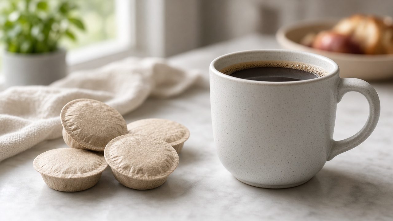 Dosettes souples en papier près d’une grande tasse de café