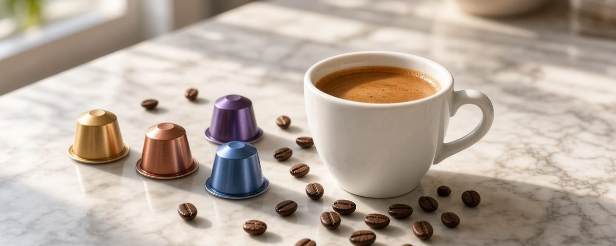 Tasse d’expresso et capsules colorées sur un comptoir