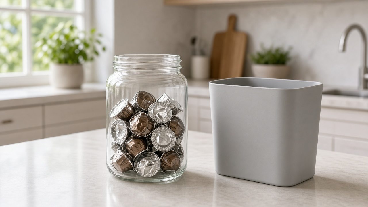 Capsules usagées dans un bocal près d’une poubelle de tri